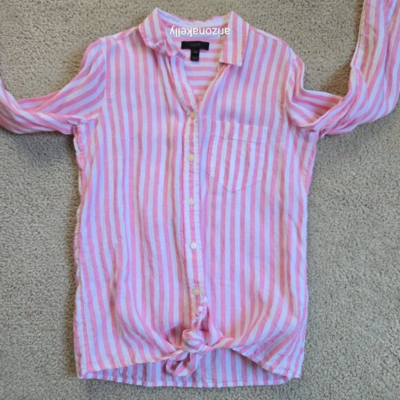 J. Crew Linen Button Down Shirt Pink + White Stripe Tie Waist  00 - Picture 9 of 10